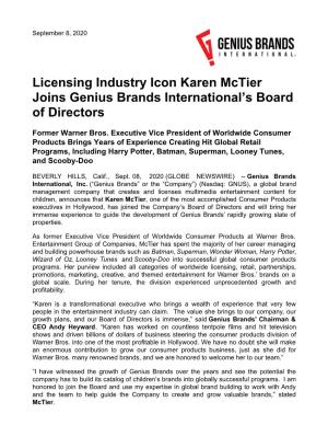 Licensing Industry Icon Karen Mctier Joins Genius Brands International's