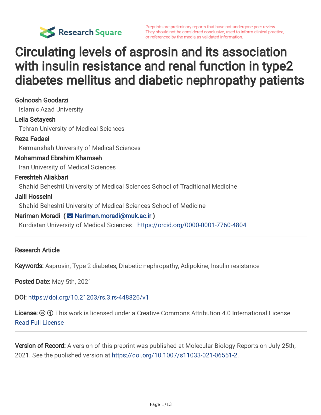 Circulating Levels of Asprosin and Its Association with Insulin Resistance and Renal Function in Type2 Diabetes Mellitus and Diabetic Nephropathy Patients