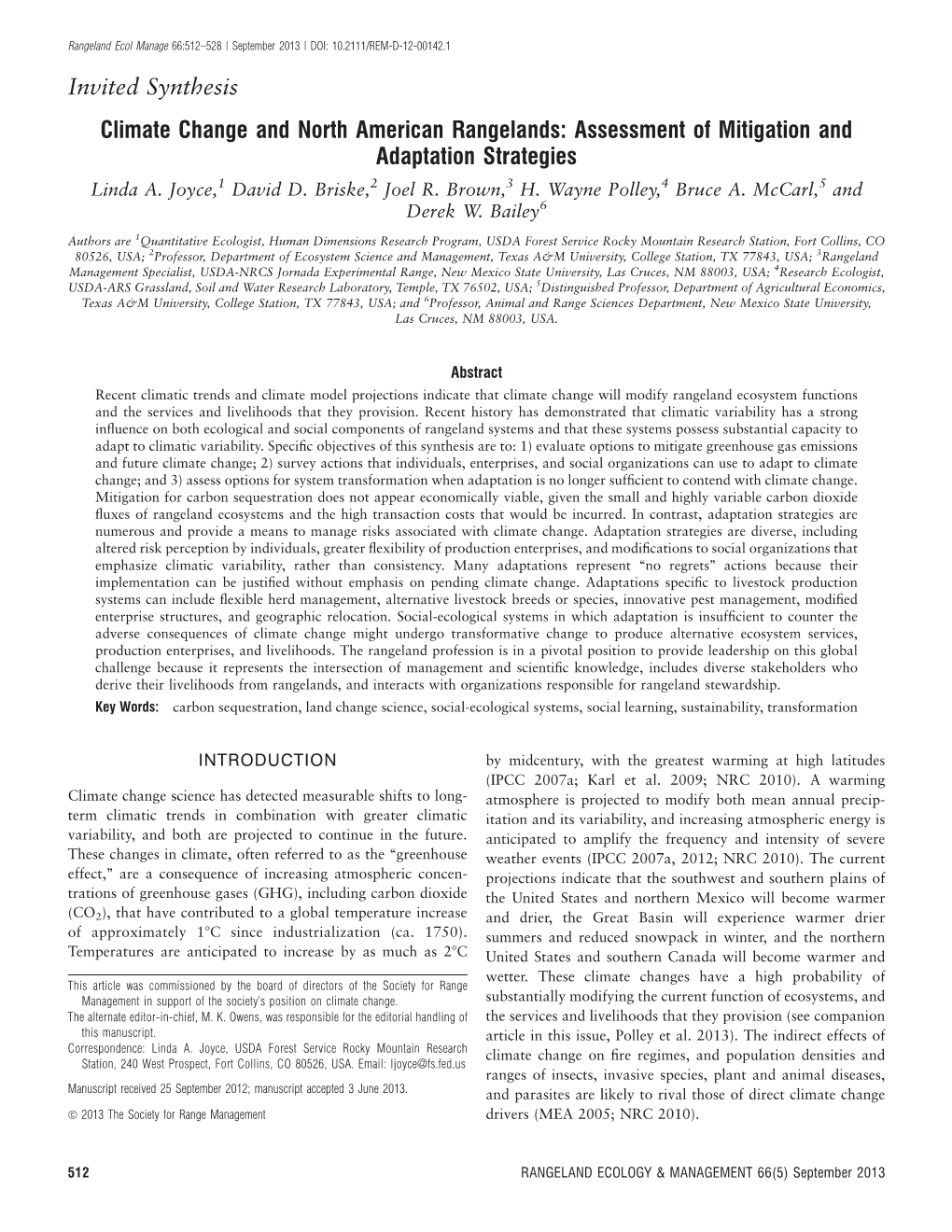 Climate Change and North American Rangelands: Assessment of Mitigation and Adaptation Strategies Linda A