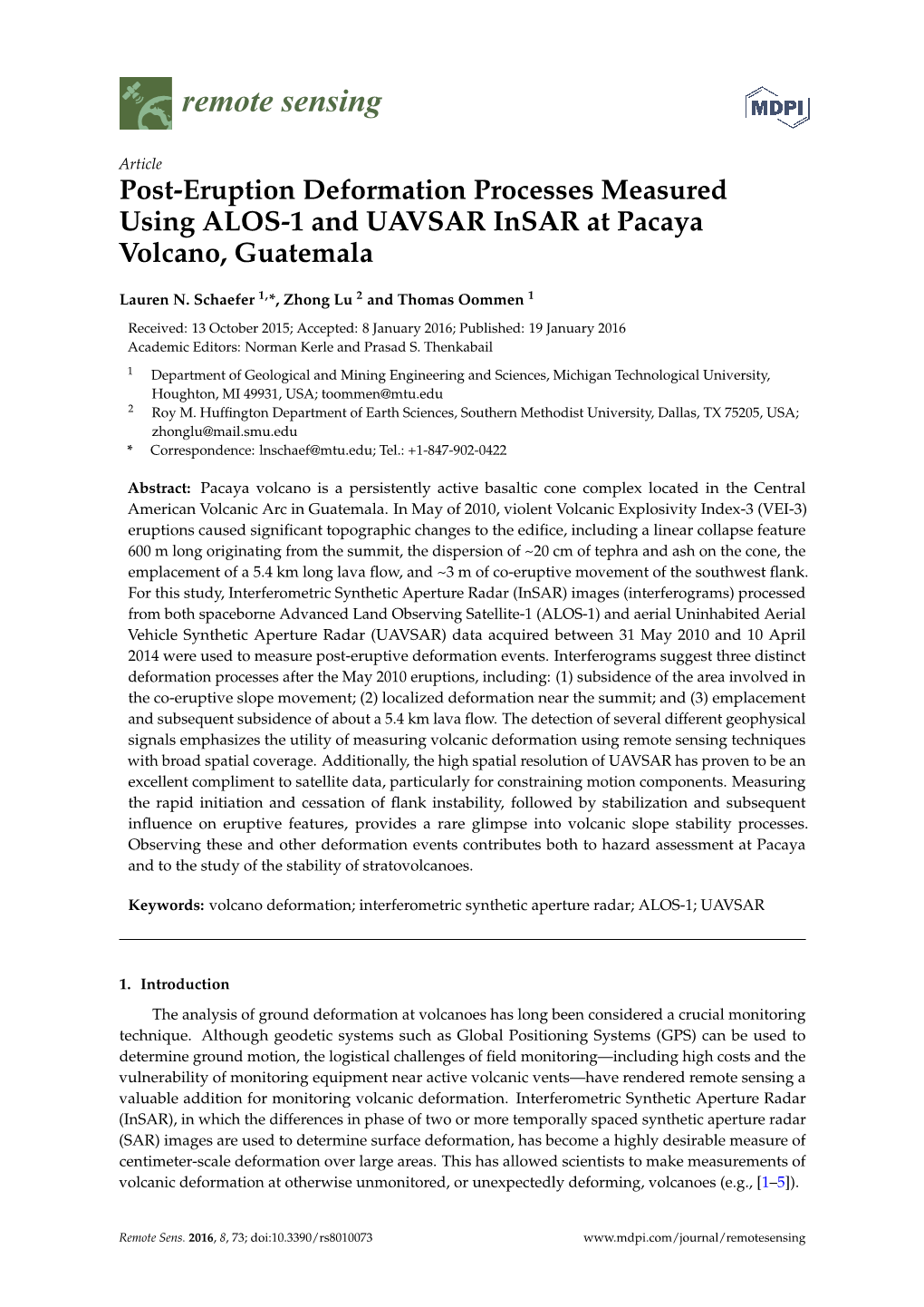 Post-Eruption Deformation Processes Measured Using ALOS-1 and UAVSAR Insar at Pacaya Volcano, Guatemala