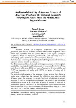 Antibacterial Activity of Aqueous Extracts of Anacyclus Pyrethrum (L) Link and Corrigiola Telephiifolia Pourr