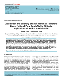 Distribution and Diversity of Small Mammals in Borena- Sayint National Park, South Wollo, Ethiopia: Implications of Habitat Specialization