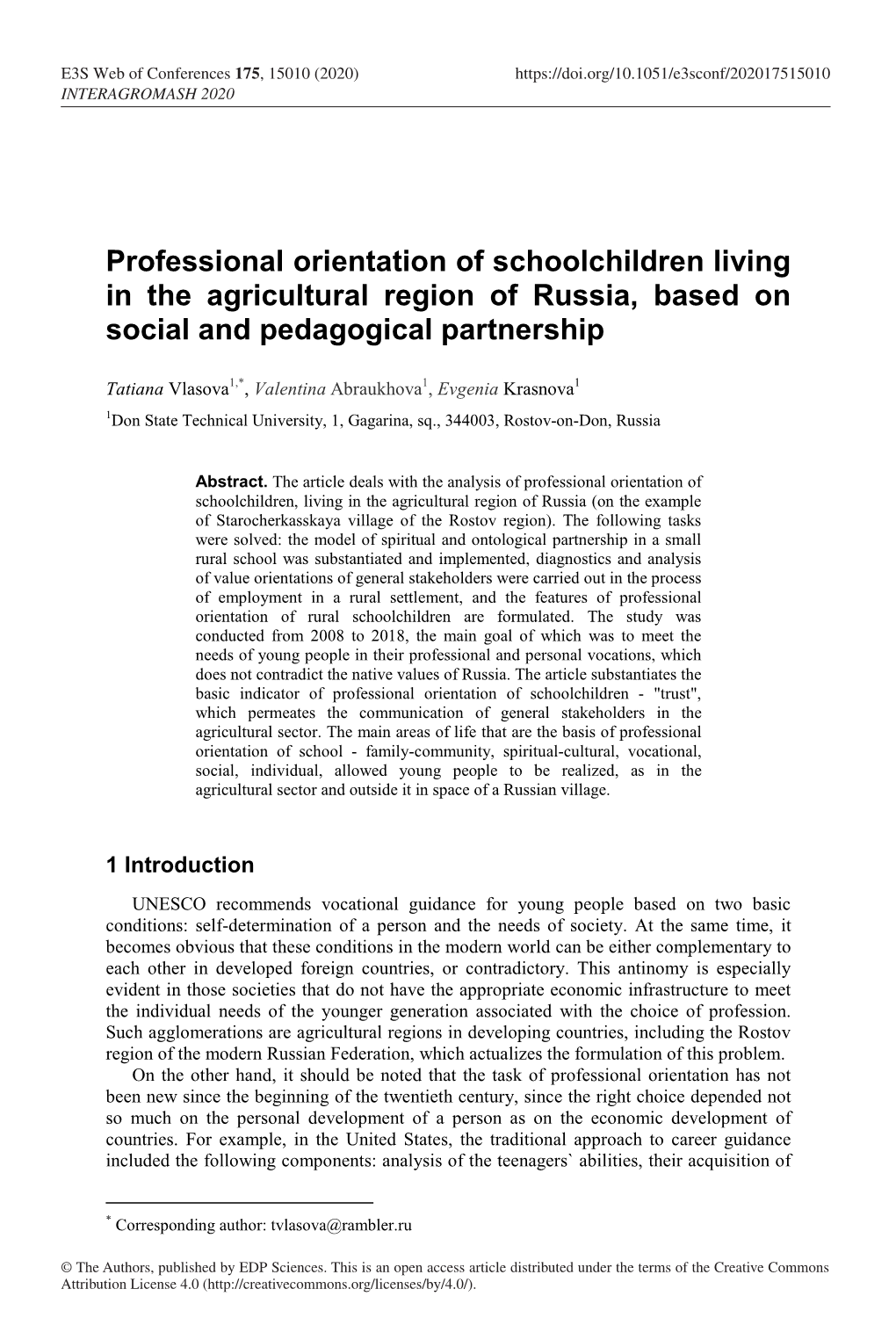 Professional Orientation of Schoolchildren Living in the Agricultural Region of Russia, Based on Social and Pedagogical Partnership