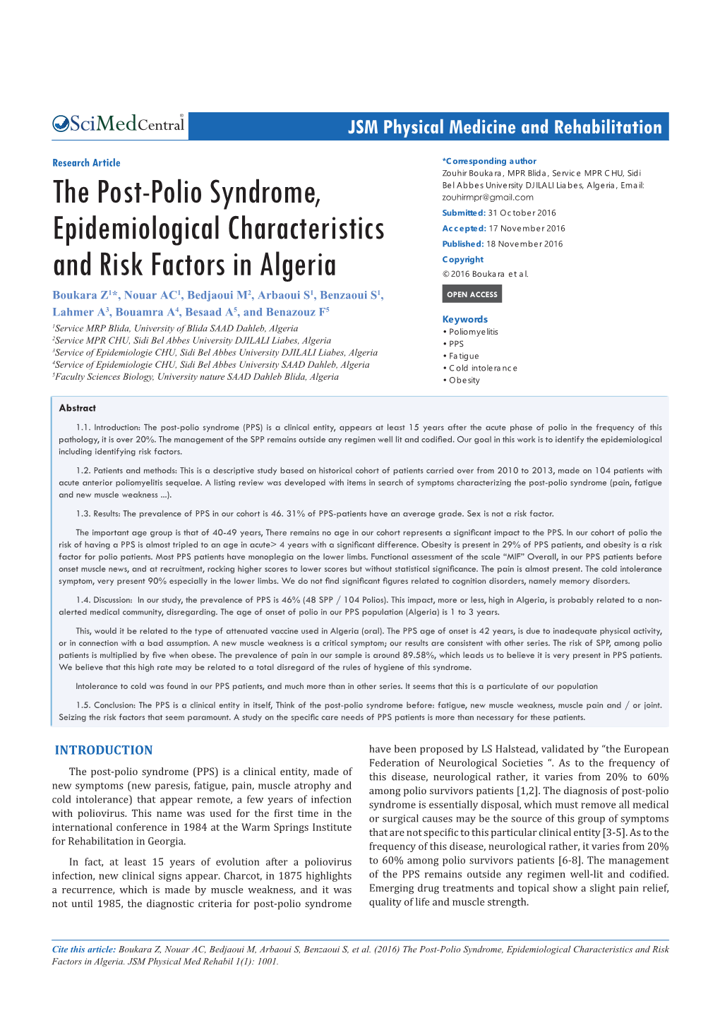 The Post-Polio Syndrome, Epidemiological Characteristics and Risk Factors in Algeria