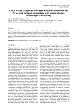 Social Wasps Trapped in the Czech Republic with Syrup and Fermented Fruit and Comparison with Similar Studies (Hymenoptera Vespidae)