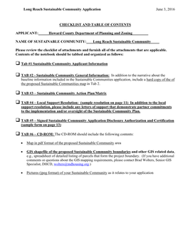 Long Reach Sustainable Community Application June 3, 2016 CHECKLIST and TABLE of CONTENTS APPLICANT