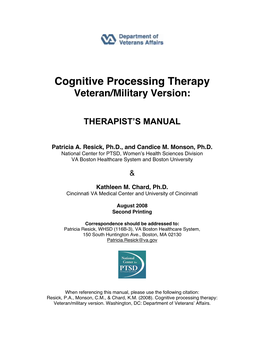 Cognitive Processing Therapy Veteran/Military Version: Therapist's Manual