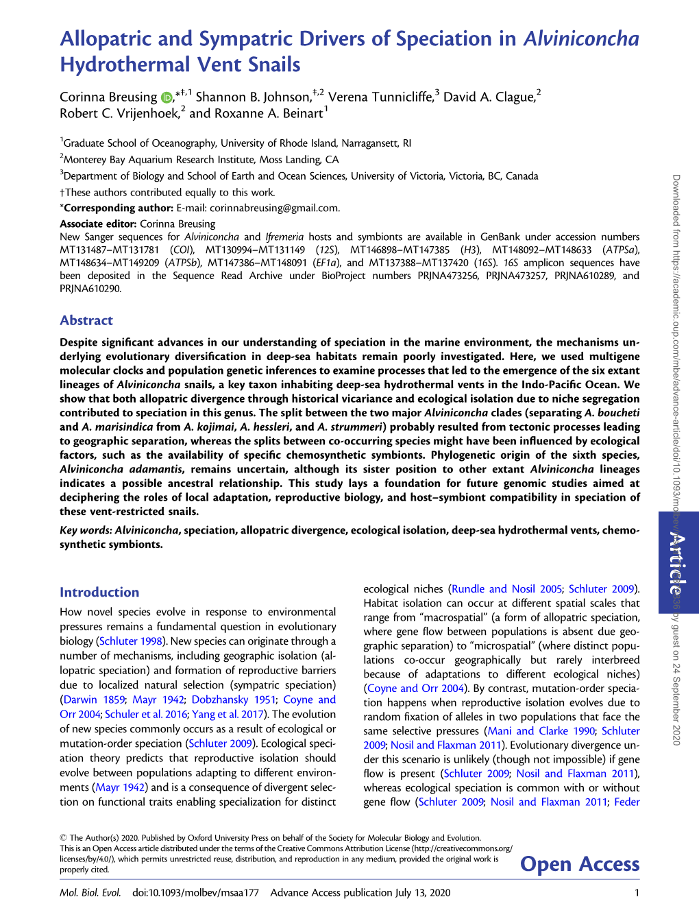 Allopatric and Sympatric Drivers of Speciation in Alviniconcha Hydrothermal Vent Snails Corinna Breusing ,*‡,1 Shannon B