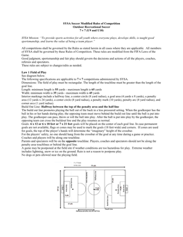 SYSA Soccer Modified Rules of Competition Outdoor Recreational Soccer 7 V 7 (U9 and U10)