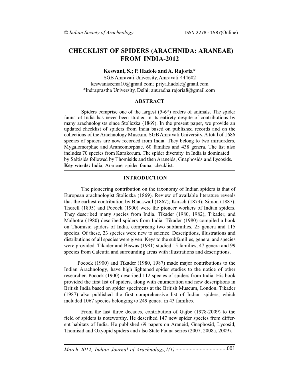 Checklist of Spiders (Arachnida: Araneae) from India-2012