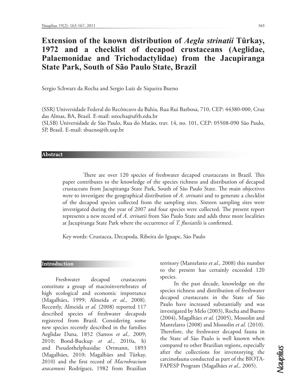 Extension of the Known Distribution of Aegla Strinatii