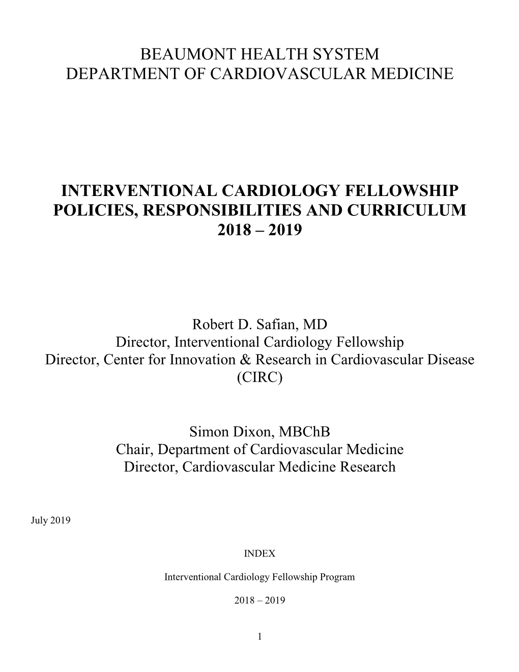 Interventional Cardiology Fellowship Policies, Responsibilities and Curriculum 2018 – 2019