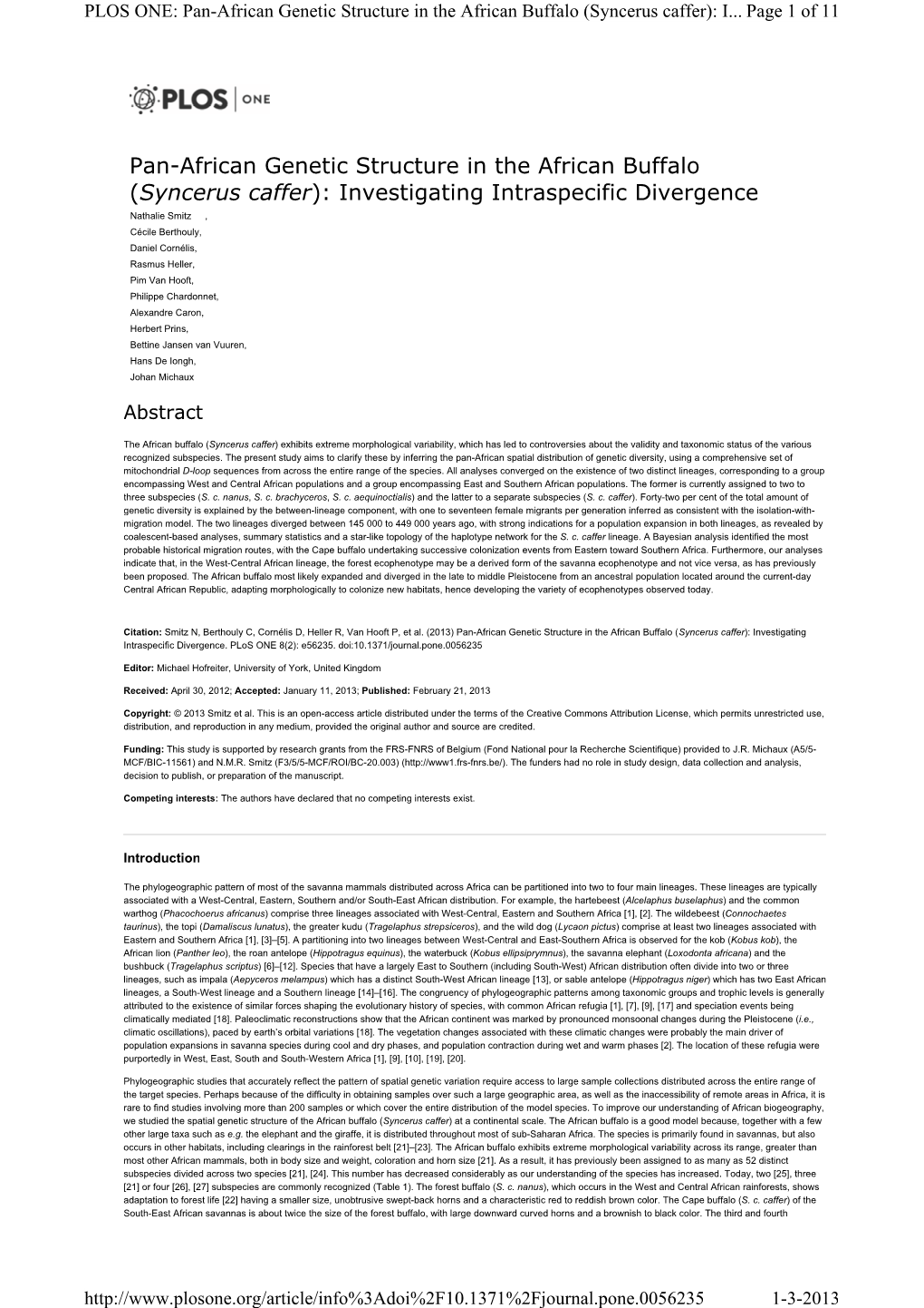 Pan-African Genetic Structure in the African Buffalo (Syncerus Caffer): I