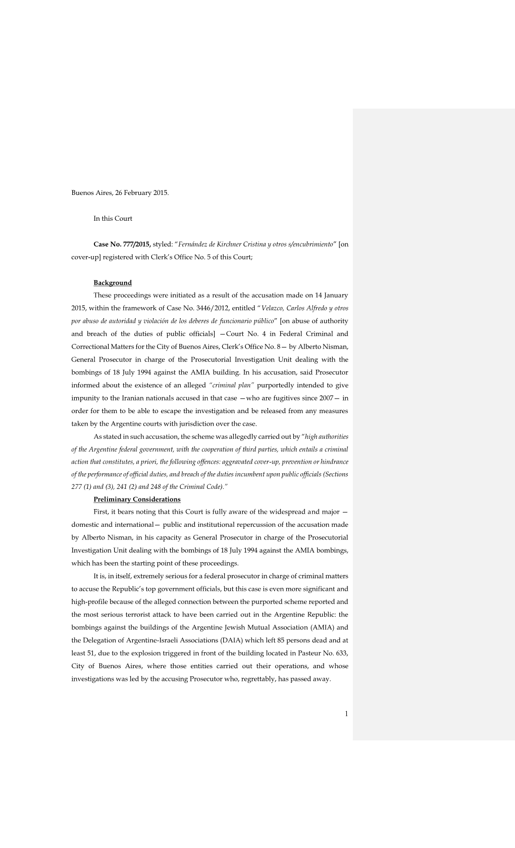 Buenos Aires, 26 February 2015. in This Court Case No. 777/2015