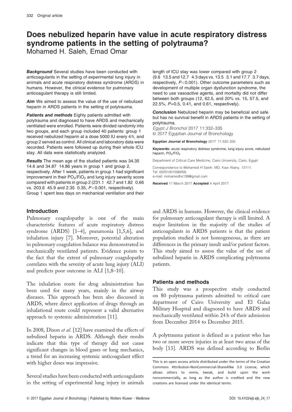 Does Nebulized Heparin Have Value in Acute Respiratory Distress Syndrome Patients in the Setting of Polytrauma? Mohamed H