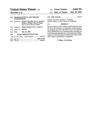 United States Patent (19) 11 Patent Number: 4,666,701 Horrobin Et Al