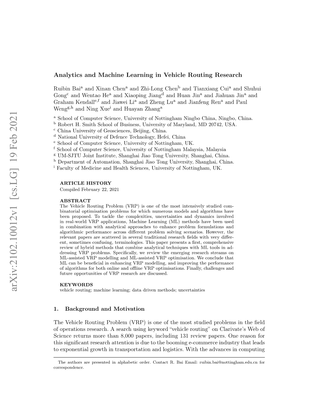 Arxiv:2102.10012V1 [Cs.LG] 19 Feb 2021 Vehicle Routing; Machine Learning; Data Driven Methods; Uncertainties