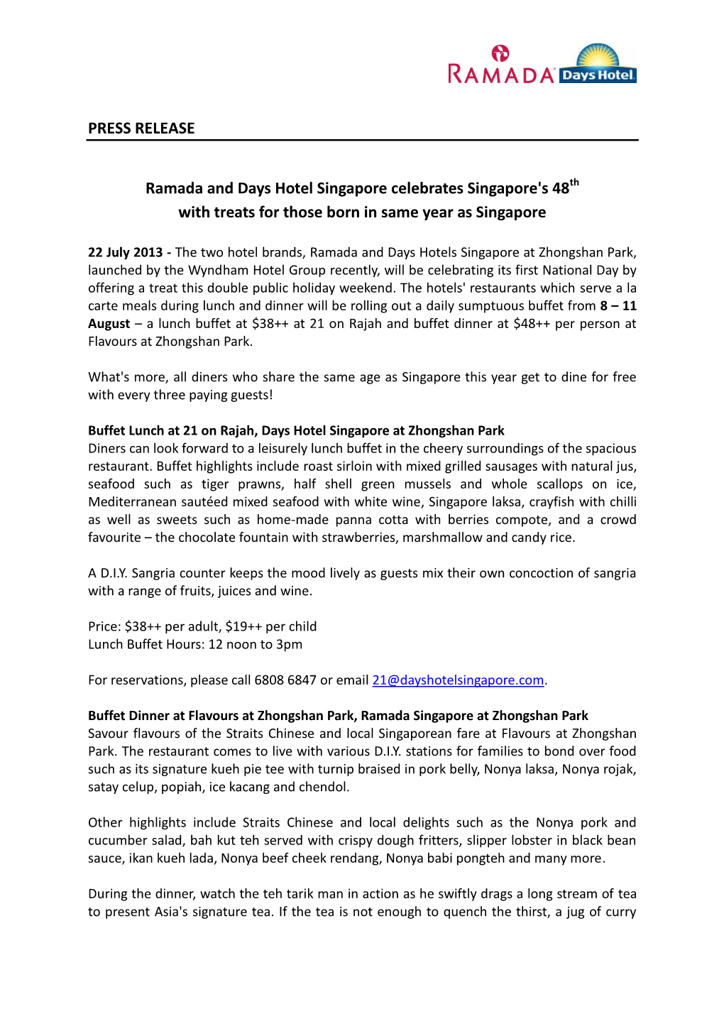 PRESS RELEASE Ramada and Days Hotel Singapore Celebrates