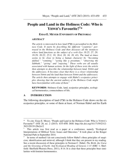 People and Land in the Holiness Code: Who Is YHWH's Favourite? *