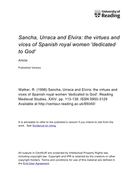 Sancha, Urraca and Elvira: the Virtues and Vices of Spanish Royal Women 'Dedicated to God'