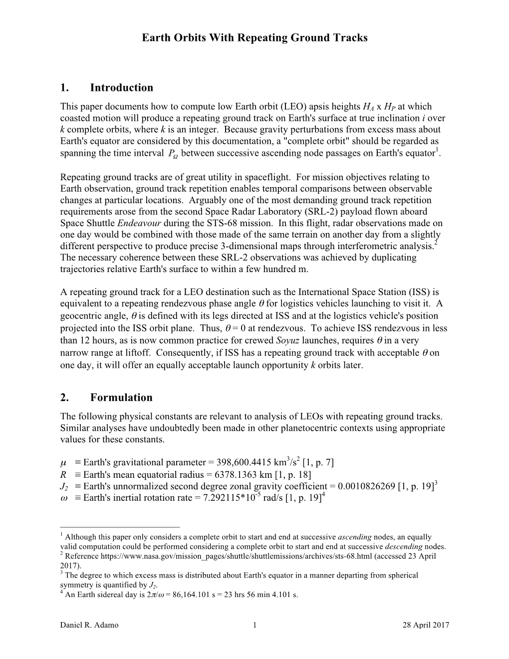 Earth Orbits with Repeating Ground Tracks 1. Introduction 2. Formulation