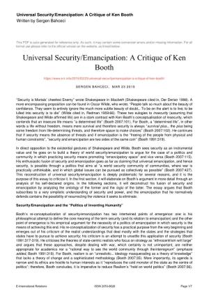 Universal Security/Emancipation: a Critique of Ken Booth Written by Sergen Bahceci