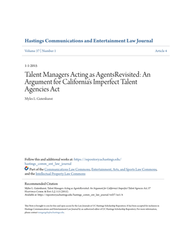 Talent Managers Acting As Agentsrevisited: an Argument for California's Imperfect Talent Agencies Act Myles L