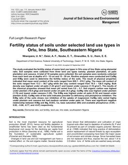Fertility Status of Soils Under Selected Land Use Types in Orlu, Imo State, Southeastern Nigeria