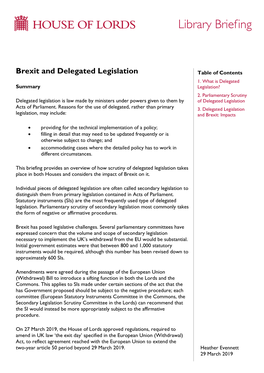 Brexit and Delegated Legislation Table of Contents 1.What Is Delegated Summary Legislation? 2