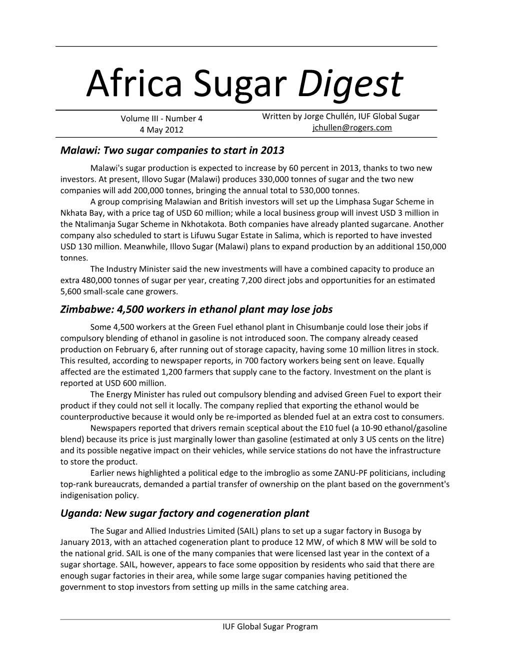 Malawi: Two Sugar Companies to Start in 2013