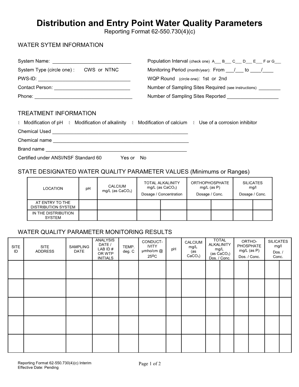 Format 62-550.730(5)(C), Distribution and Entry Point Water Quality