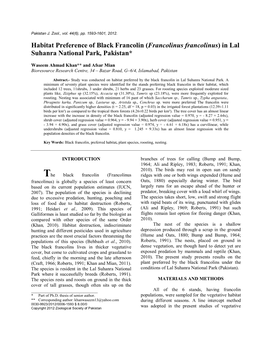 Habitat Preference of Black Francolin (Francolinus Francolinus) in Lal Suhanra National Park, Pakistan*