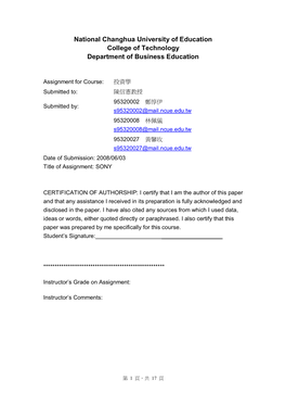 Sample of Cover Page to Be Used for All Assignments