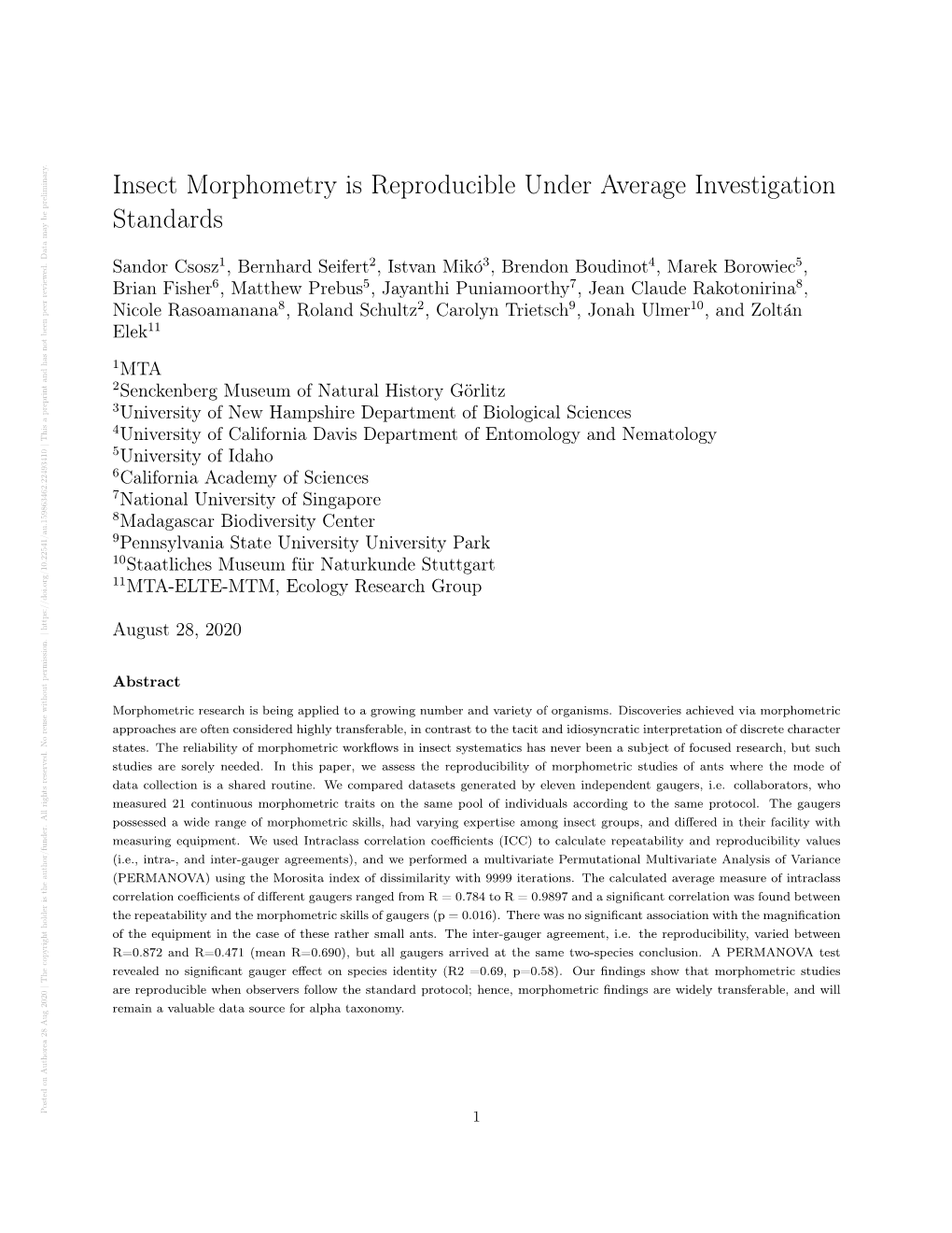 Insect Morphometry Is Reproducible Under Average Investigation Standards