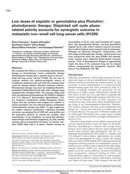 Photodynamic Therapy: Disjointed Cell Cycle Phase- Related Activity Accounts for Synergistic Outcome in Metastatic Non–Small Cell Lung Cancer Cells (H1299)