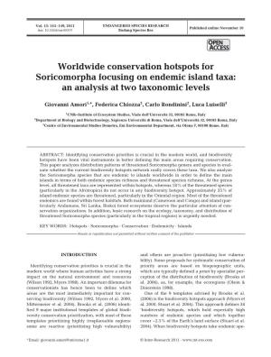 Worldwide Conservation Hotspots for Soricomorpha Focusing on Endemic Island Taxa: an Analysis at Two Taxonomic Levels
