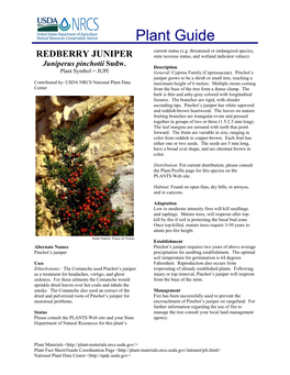 REDBERRY JUNIPER State Noxious Status, and Wetland Indicator Values)