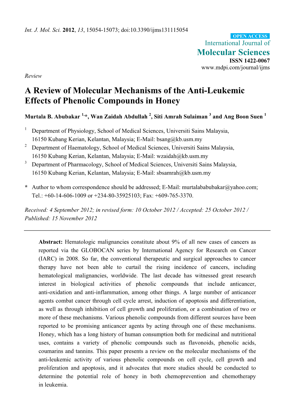 A Review of Molecular Mechanisms of the Anti-Leukemic Effects of Phenolic Compounds in Honey