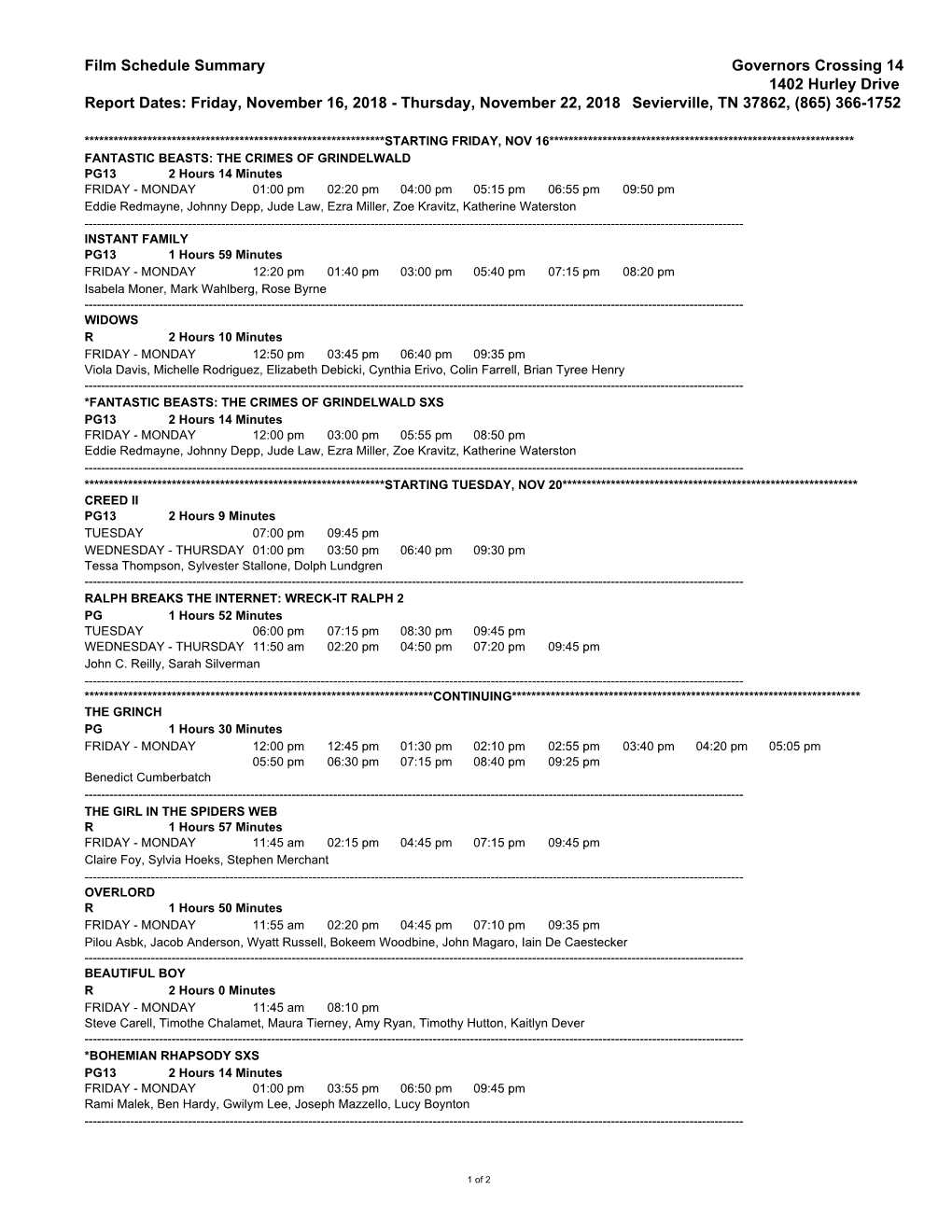 Film Schedule Summary Governors Crossing 14 1402