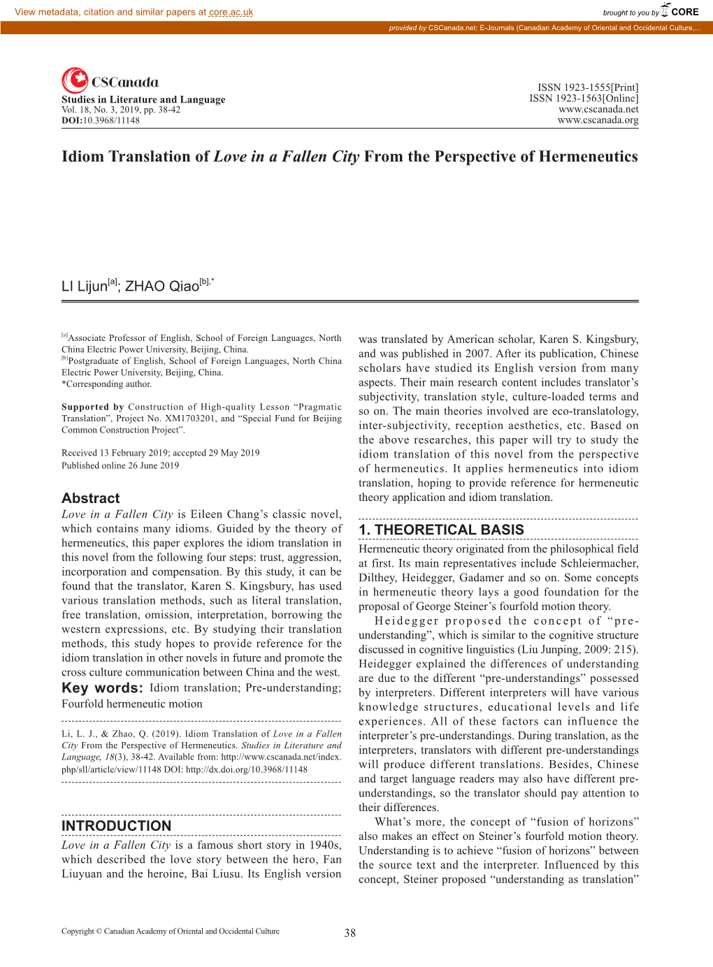 Idiom Translation of Love in a Fallen City from the Perspective of Hermeneutics