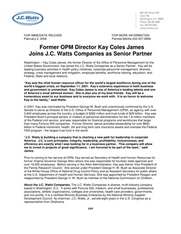 Former OPM Director Kay Coles James Joins J.C. Watts Companies As Senior Partner