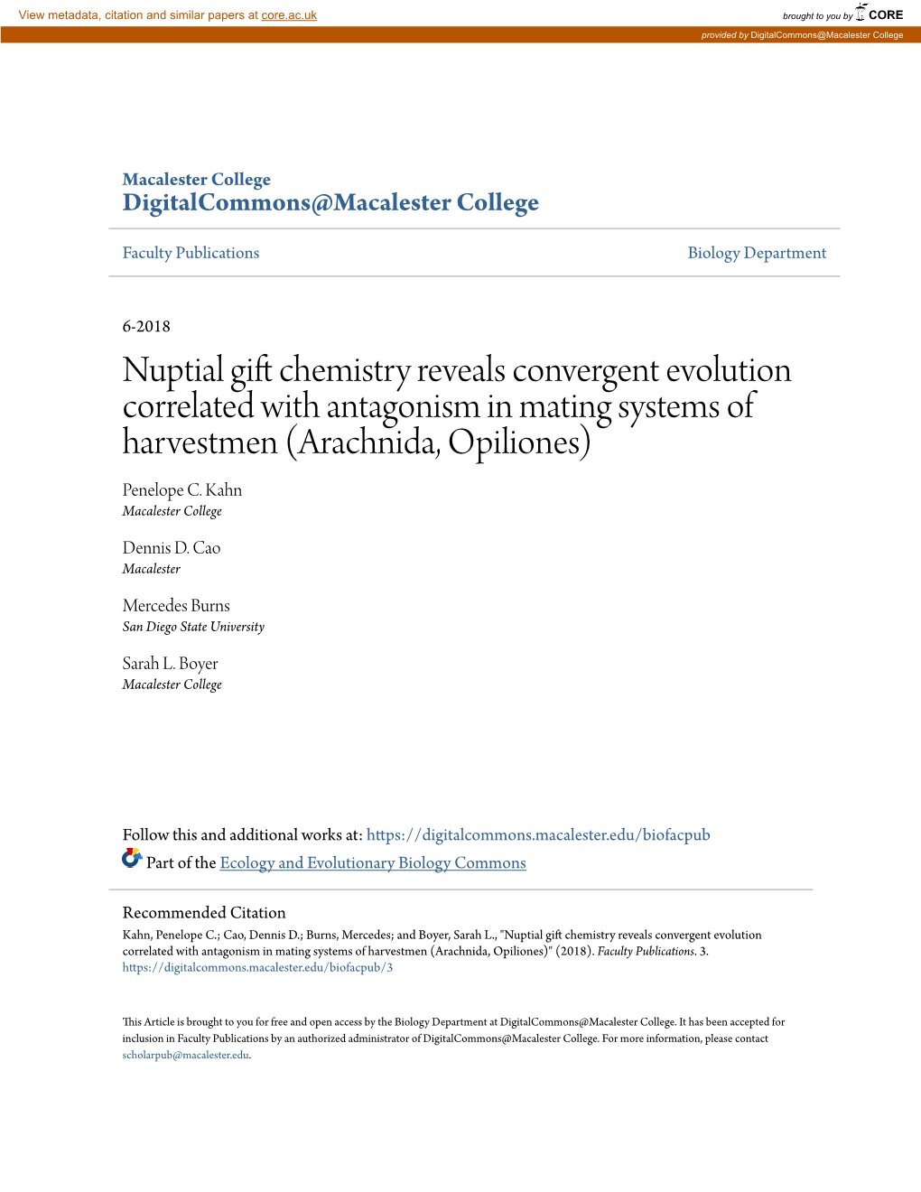 Nuptial Gift Chemistry Reveals Convergent Evolution Correlated with Antagonism in Mating Systems of Harvestmen (Arachnida, Opiliones) Penelope C