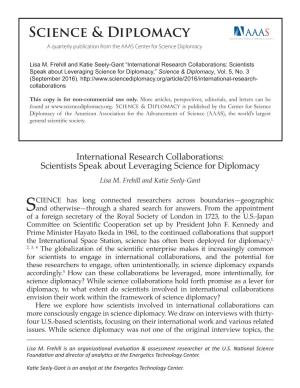 International Research Collaborations: Scientists Speak About Leveraging Science for Diplomacy,” Science & Diplomacy, Vol