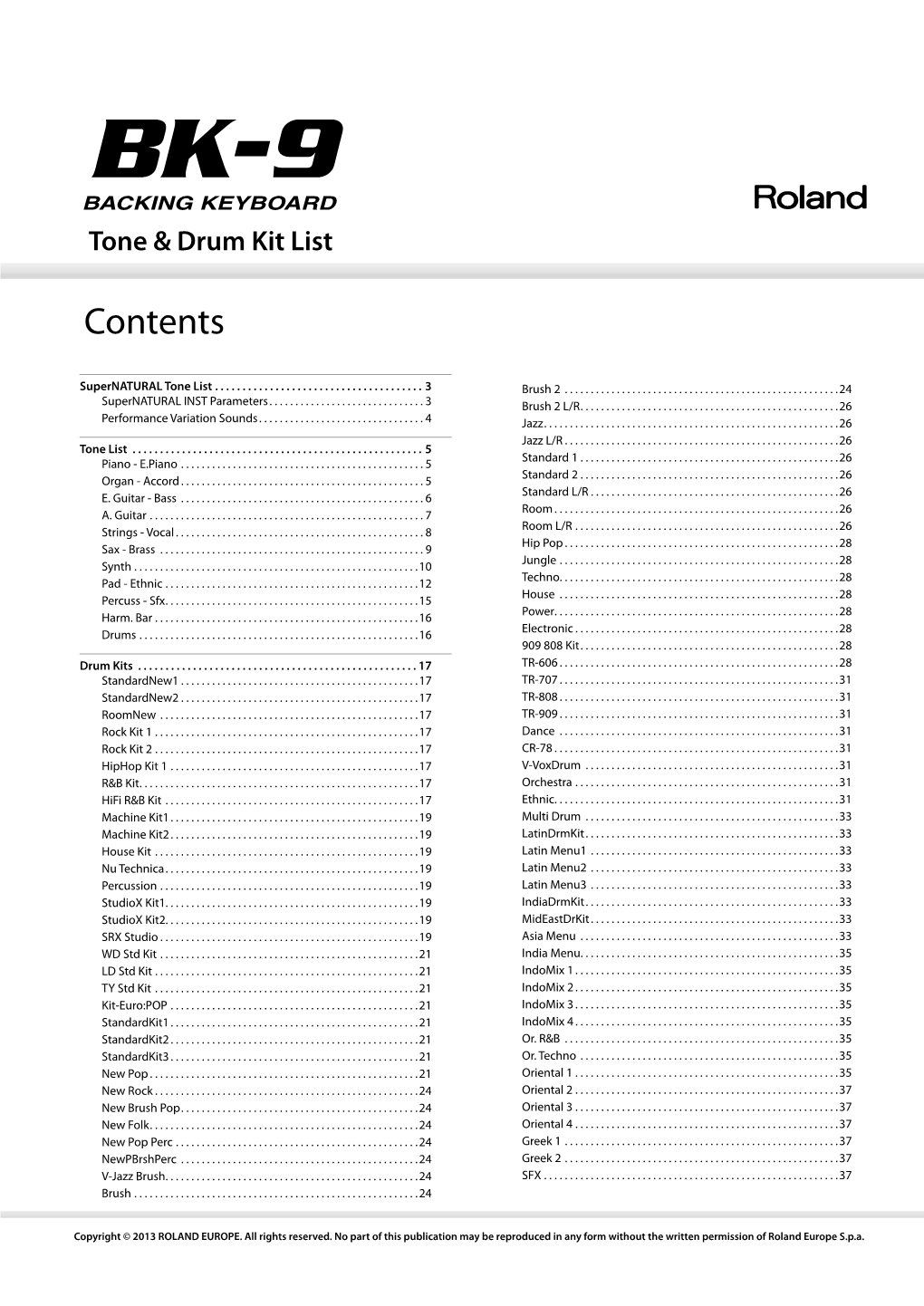 Tone & Drum Kit List