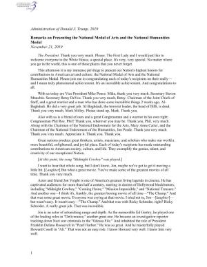 Administration of Donald J. Trump, 2019 Remarks on Presenting the National Medal of Arts and the National Humanities Medal Novem