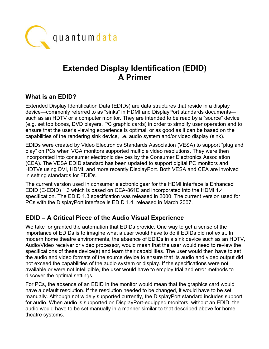 Extended Display Identification (EDID) a Primer