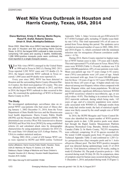 West Nile Virus Outbreak in Houston and Harris County, Texas, USA, 2014