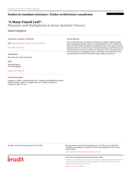 Minutiae and Multiplicity in Brian Bartlett's Poetry