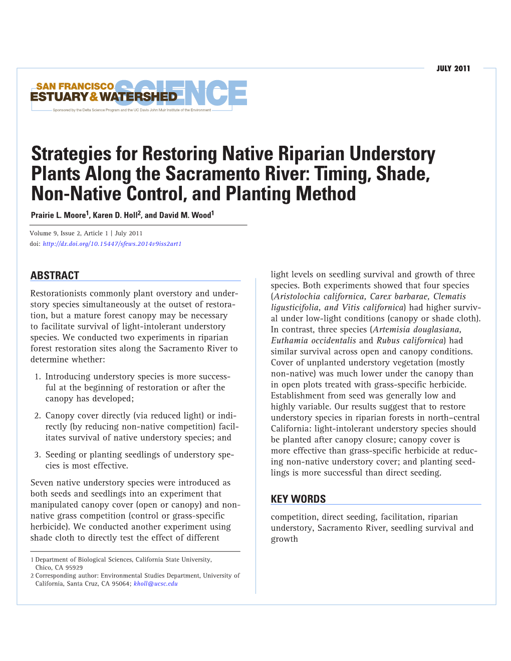 Strategies for Restoring Native Riparian Understory Plants Along the Sacramento River: Timing, Shade, Non-Native Control, and Planting Method Prairie L