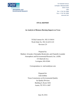 FINAL REPORT an Analysis of Biomass Burning Impacts on Texas